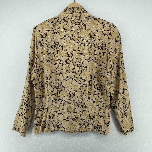 STEPHEN KEANE Blouse 10 Pleated Silk V-neck Floral Long Sleeve VTG Beige - Picture 2 of 11